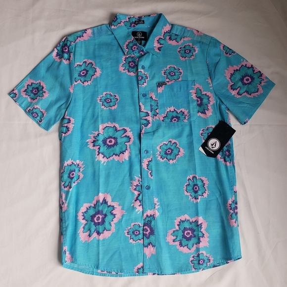 NWT Volcom Blue Metal Petals Button Down Shirt - Picture 2 of 6